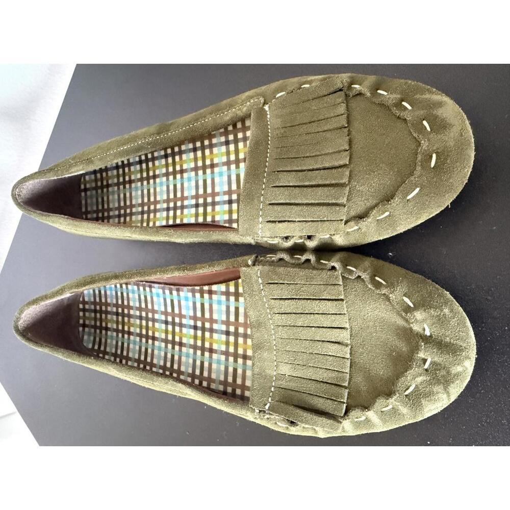 Lands End Womens 9 Suede Sage Green Fringe Moccasin Slip On New without Tags